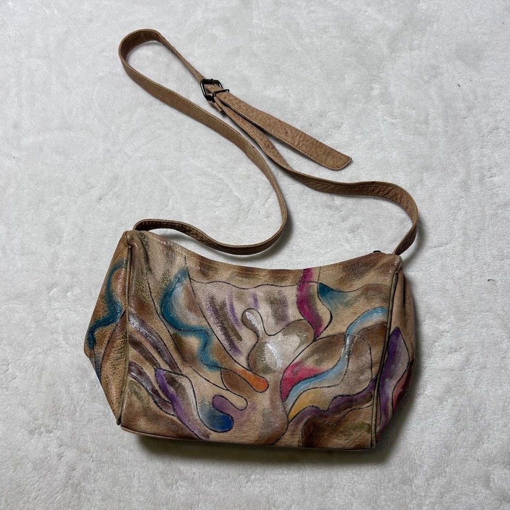 Sam Sam Women's Crossbody Shoulder Bag‎ Hand Painted Brown Leather Vintage